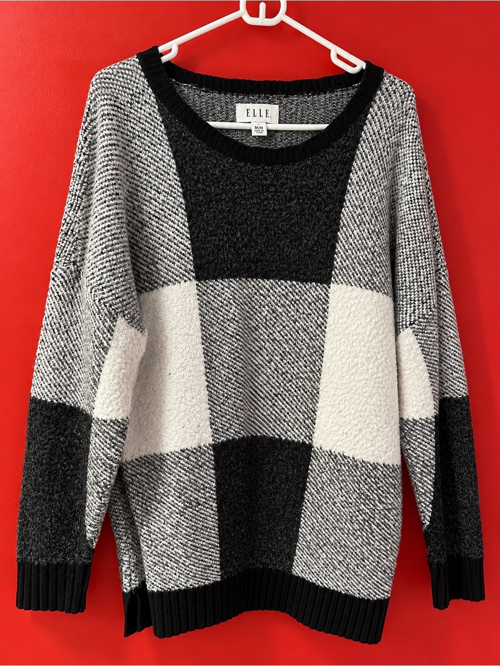 ELLE Color Block Plaid Knit Sweater Black Gray White Size L